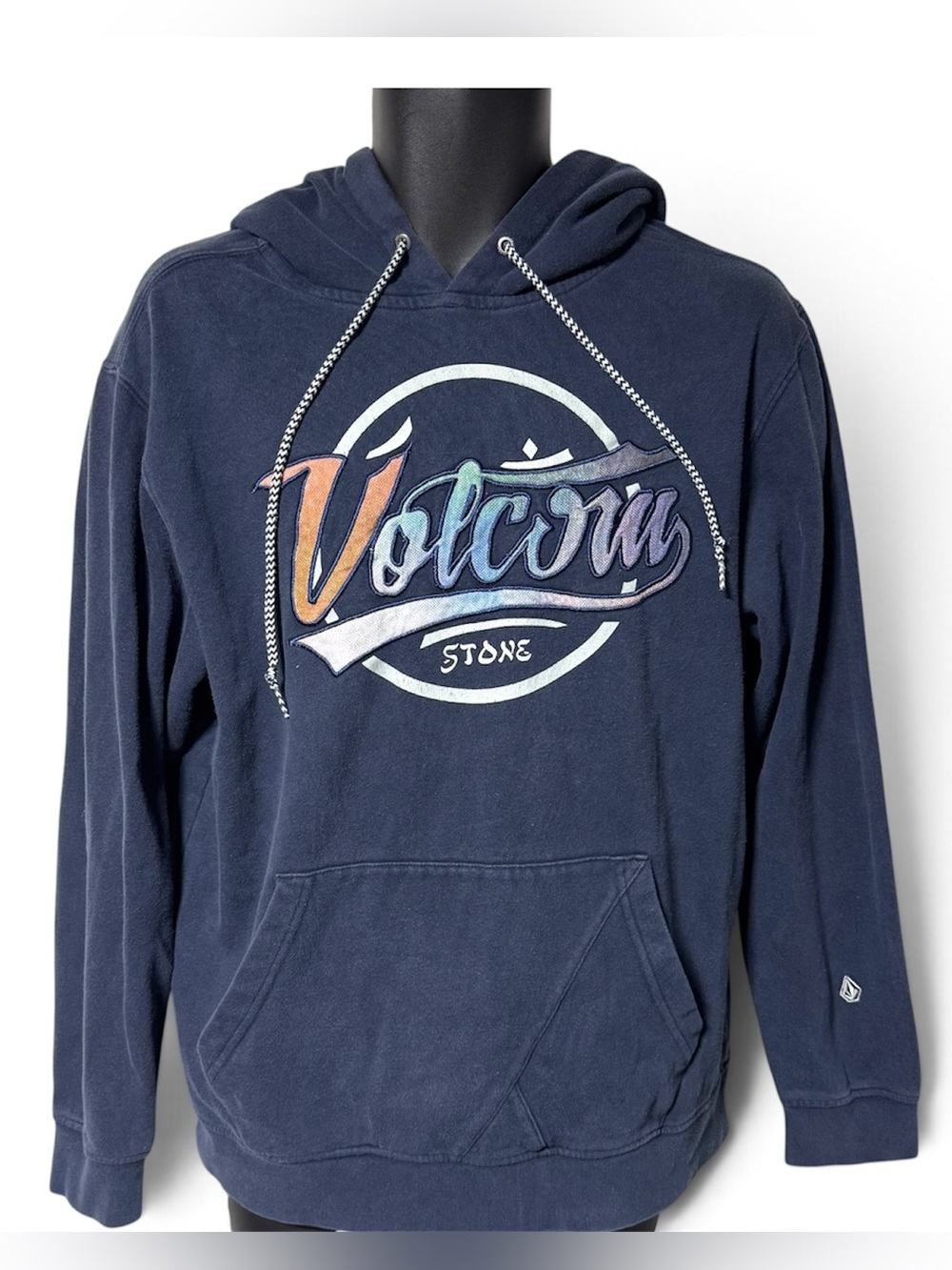 Volcom Navy Blue Logo Pullover Hoodie M Classic Fit Y2K Skate Baja Stripe